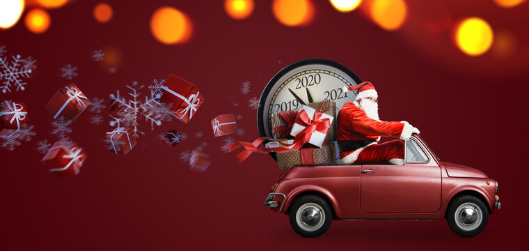 Christmas is coming. Santa Claus on toy car delivering New Year 2021 gifts and countdown clock at red background