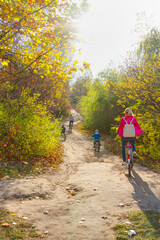 Mothers and their children riding on the footpath - Family mountain bike riding together on sunny day