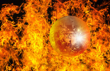 Obraz na płótnie Canvas Party disco mirror ball reflecting colorful fire or flame