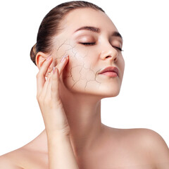 Sensual woman with cracks facial skin. Dry facial skin concept.