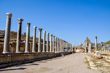 The Colonnaded street in the ruins of the ancient greek city of Perge, Pamphylia, Antalya Province, Turkey