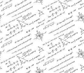 Classic education background. Trigonometry law theory and mathematical formula equation on whiteboard. Vector hand-drawn seamless pattern.