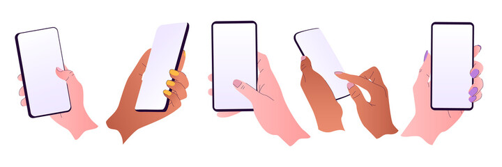 Flat vector hands with phones. Hands holding phones with empty screens