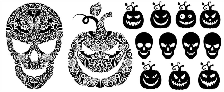 Pattern in a shape of a pumpkin and a scull. Set of sillhouettes of a a pumpkin and a scull.