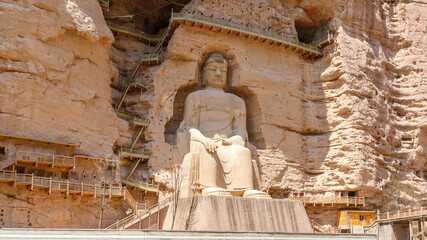 Panorama with Great Maitreya Buddha located at the Bingling grottoes (Gansu Province / China)