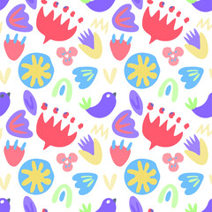 Flat vector illustration for wrapping paper, wallpaper.Abstract colorful doodle seamless pattern. Trendy elements and objects - curves, dots, spots, stars. Flowers and leaves on white background .