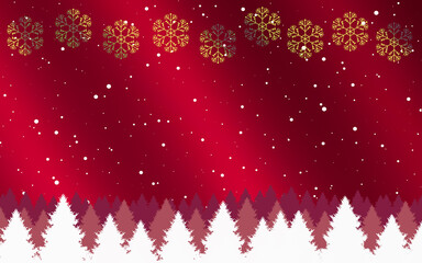 A Christmas background illustration with  golden snow crystals along the top and  fir trees along the bottom on a  crimson background