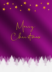 Christmas illustration with Merry Christmas on a purple gradient background with gold stars and abstract fir trees. There is a diagonal gradient giving the impression of a smooth wavy texture