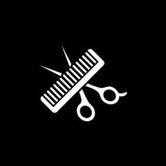 Scissor and comb icon isolated on dark background