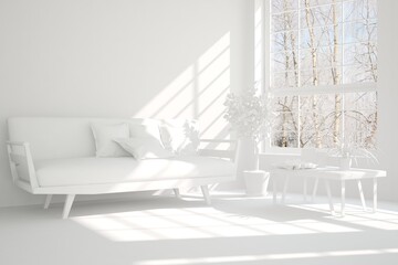 White stylish minimalist room in grey color with sofa and winter landscape in window. Scandinavian interior design. 3D illustration