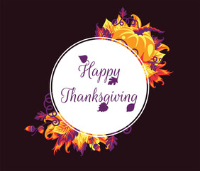 Autumn leaves and Happy thanksgiving text on the white circle. Dark purple background.