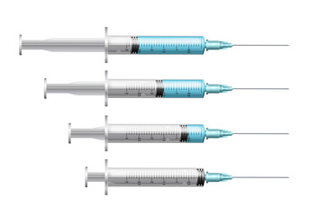 Set of Syringes with different volume blue liquid.