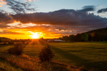 Naklejka na ściany i meble Beautiful sunset summer rural landscape in backlit light. Location is Washington, USA