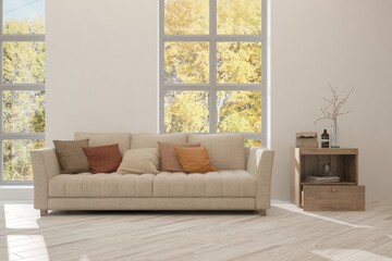White stylish minimalist room with sofa and autumn landscape in window. Scandinavian interior design. 3D illustration