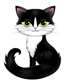 Cute black cat with green eyes isolated on white.