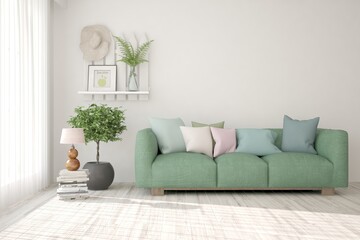 White stylish minimalist room with sofa. Scandinavian interior design. 3D illustration