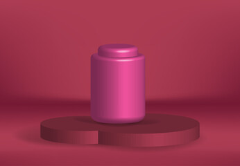 Webvector illustration 3d bottle on podium realistic concept , advertising show mockup studio decoration empty showcase nature pink sign template , abstract for yuor business ads