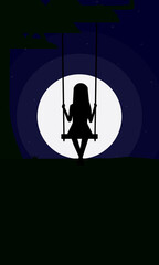 Vector of black silhouette of woman or girl sitting alone on swing attached to tree look at bright moon and stars in night sky. Illustration has blank copy space with room for text.