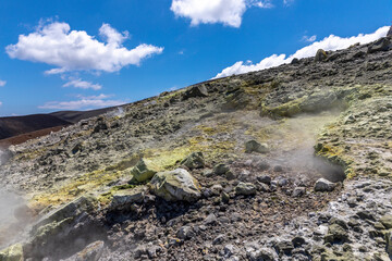 Vulcano, Sicily, Italy - July 21, 2020: View from sulphurous fumaroles from the top of the island of Vulcano. It is an active volcano in Aeolian Islands