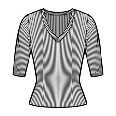 Ribbed V-neck knit sweater technical fashion illustration with elbow sleeves, close-fitting shape. Flat outwear apparel template front grey color. Women, men unisex shirt top CAD mockup