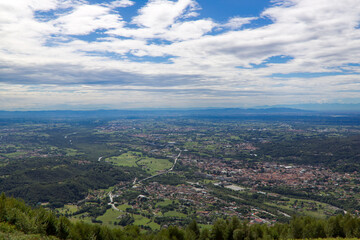 Fototapeta na wymiar aerial view of val Padana with, in the background the skyline of Turin and Mount Monviso