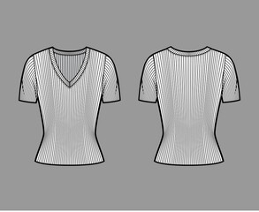 Ribbed V-neck knit sweater technical fashion illustration with short rib sleeves, close-fitting shape. Flat outwear apparel template front, back white color. Women, men, unisex shirt top CAD mockup