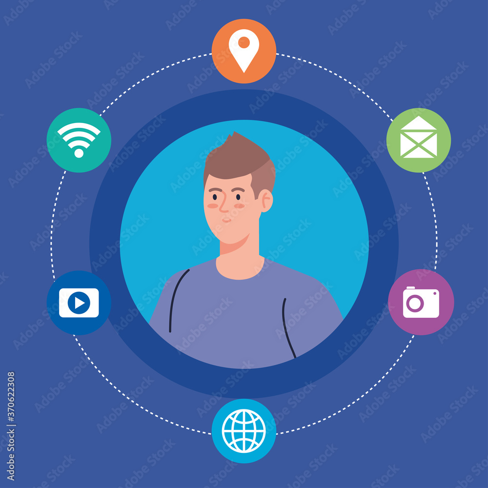 Sticker social network, young man and social media icons, global communication concept vector illustration design