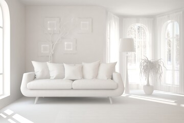 Stylish minimalist room with sofa in white color. Scandinavian interior design. 3D illustration