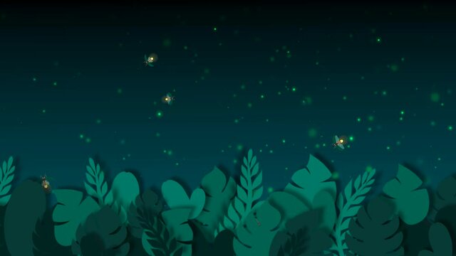Cartoon animation of fireflies flying out of tropical palm leaves. Summer trendy floral motion graphics of lightning bugs hovering at night. Wildlife concept.  