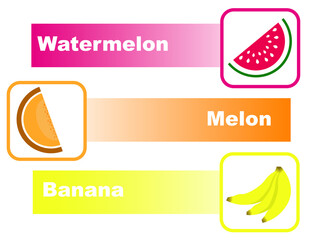 Watermelon, melon, banana icon on white background.
