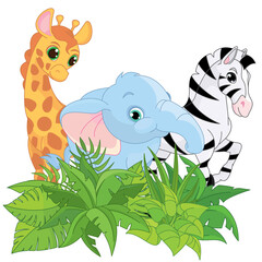 African animals in the jungle. Cute cartoon animals