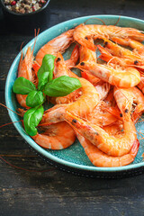shrimps cooked seafood ready to eat prawn natural product
ingredient serving size snack. food background top view copy space healthy eating raw pescetarian 