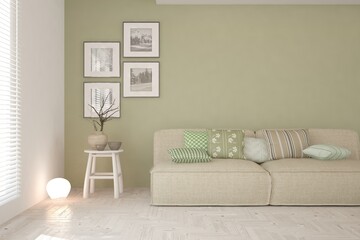 Green stylish minimalist room with sofa. Scandinavian interior design. 3D illustration