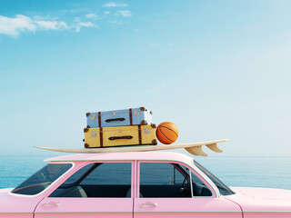 Pink old timer car with surfboard, suitcases and basketball on top in front of the ocean, 3D summer background illustration