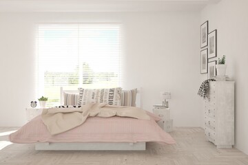 White stylish minimalist bedroom. Scandinavian interior design. 3D illustration