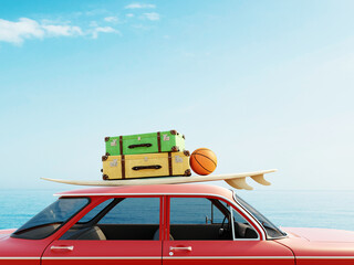 Obraz na płótnie Canvas Red old timer car with surfboard, suitcases and basketball on top in front of the ocean, 3D summer background illustration