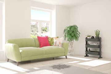 White stylish minimalist room with sofa. Scandinavian interior design. 3D illustration