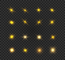 Set of bright Star. Yellow glowing light explodes on a transparent background. Transparent shining sun, bright flash. To center a bright flash. Sparkling magical dust particles. Vector sparkles.
