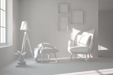 Stylish minimalist room with armchair in white color. Scandinavian interior design. 3D illustration