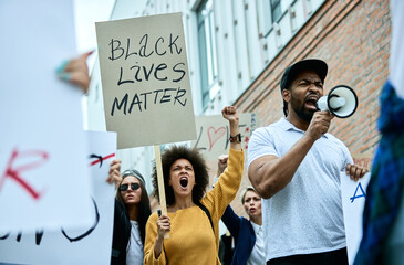 Below view of displeased crowd of people on protesting for black civil rights.