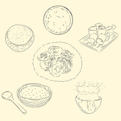 Delicious Doidoi Cakes & Ingredients Illustration, Food From Aceh Indonesia, Sketch Style