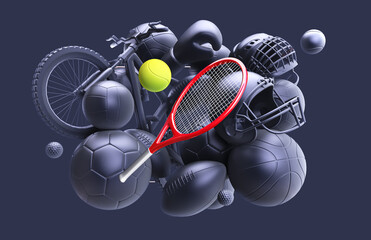 Sport balls pile rendering, mono colored background. Soccer, tennis, basketball, football,boxing, volleyball equipment set isolated on dark background. - obrazy, fototapety, plakaty