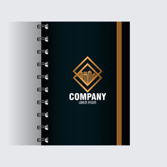 corporate identity brand mockup, notebook black mockup with golden sign vector illustration design