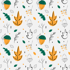 Autumn seamless pattern, hand drawn set of silhouettes of fall forest season in scandinavian style, white background