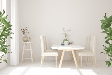White stylish minimalist kitchen. Scandinavian interior design. 3D illustration