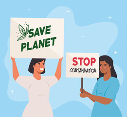 women with protests placards, save planet and stop contamination, activists with strike manifestation sign, human right concept vector illustration design