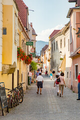 Krems, Austria;  a colorful cobblestone street in Krems, Austria