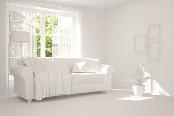 Stylish room in white color with sofa and green landscape in window. Scandinavian interior design. 3D illustration