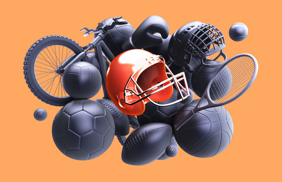 Football helmet 3D rendering.Sport balls pile rendering, mono colored background. Soccer, tennis, basketball, football,boxing, volleyball equipment set isolated on orange background.