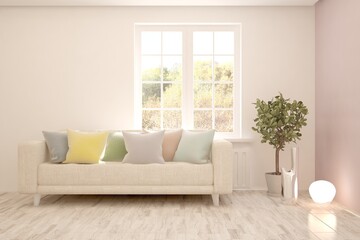 White stylish minimalist room with sofa and autumn landscape in window. Scandinavian interior design. 3D illustration